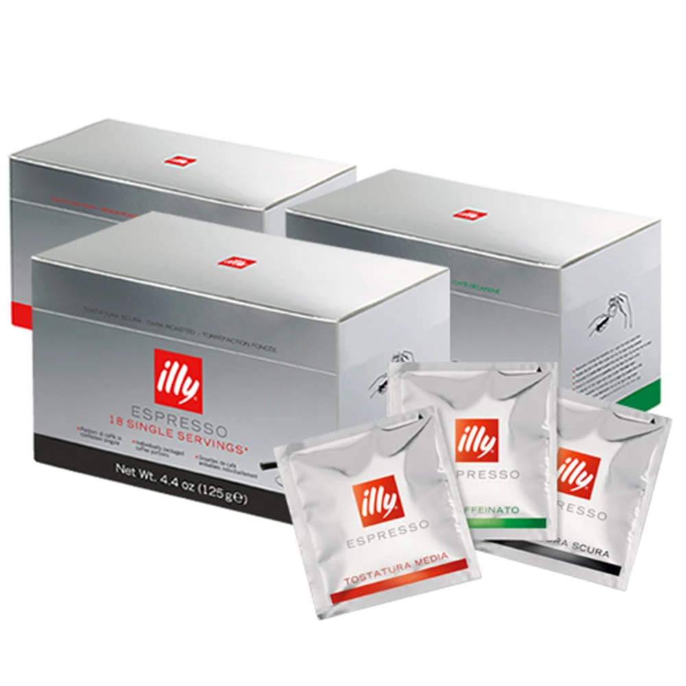 Illy E.S.E. Pods 3 Pack Featuring Classico Coffee - Medium Roast, Intenso Coffee - Dark Roast And Decaffeinated Classico Coffee 3 Illy E.S.E. Pods 3 Pack Featuring Classico Coffee - Medium Roast, Intenso Coffee - Dark Roast And Decaffeinated Classico Coffee