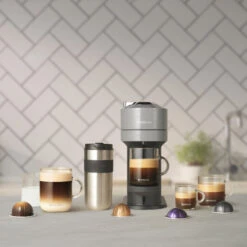 Nespresso Vertuo Next Deluxe Espresso Machine By DeLonghi - Chrome -Crema Coffee Store ENV120C VertuoNext 5Cupsizesfeature