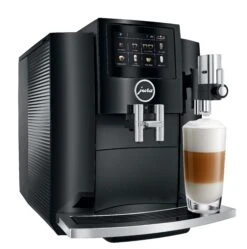 JURA S8 Black Espresso Machine 14 JURA S8 Black Espresso Machine -Crema Coffee Store S8 Piano Black left angle latte macchiato